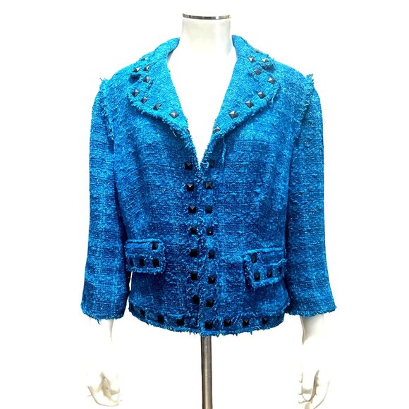 Alberto Makali Size 12 Teal Blue Boucle Studded Cropped Tweed Fringe Blazer Chic - Picture 2 of 11